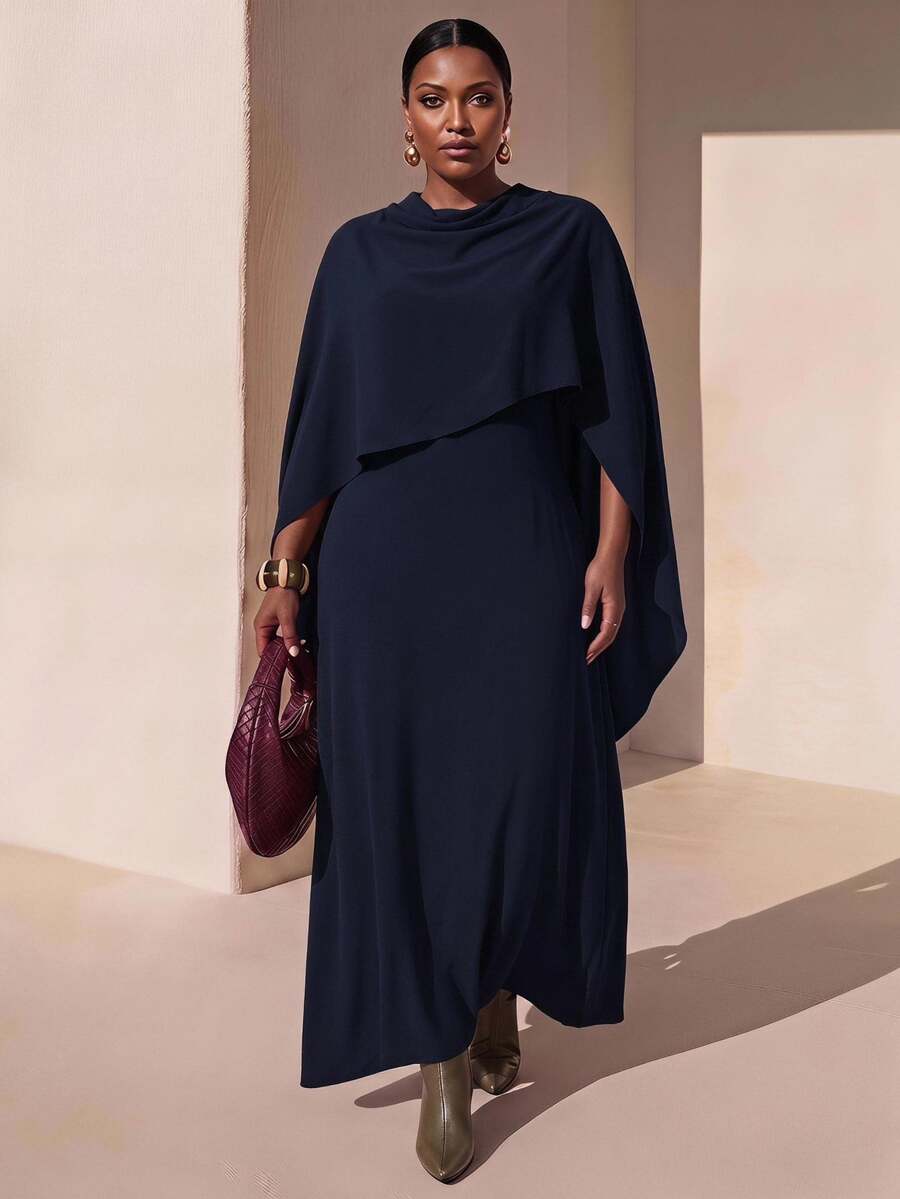 Zivah Women's Plus Size Brown Modest Dress,Winter Formal Al-Adha Cape Style Long Gown,Nomadic Western Birthday Party Graduation College Versatile Basic Fall - Navy Blue - View 1