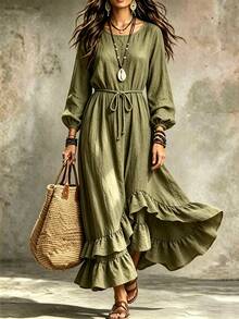 SHEIN Holidaya Women's New Spring/Autumn Minimalist Fashion Versatile Long Sleeve Dress, Multi-Layer Ruffle Hem Loose Dress, Suitable For Travel, Vacation And Daily Wear - Green - View 4