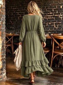 SHEIN Holidaya Women's New Spring/Autumn Minimalist Fashion Versatile Long Sleeve Dress, Multi-Layer Ruffle Hem Loose Dress, Suitable For Travel, Vacation And Daily Wear - Green - View 2