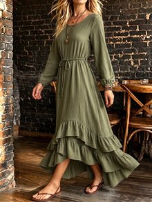 SHEIN Holidaya Women's New Spring/Autumn Minimalist Fashion Versatile Long Sleeve Dress, Multi-Layer Ruffle Hem Loose Dress, Suitable For Travel, Vacation And Daily Wear - Green - View 6
