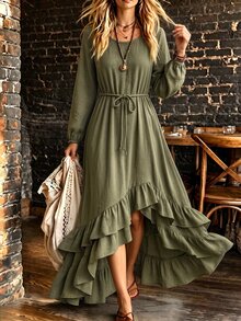 SHEIN Holidaya Women's New Spring/Autumn Minimalist Fashion Versatile Long Sleeve Dress, Multi-Layer Ruffle Hem Loose Dress, Suitable For Travel, Vacation And Daily Wear - Green - View 5