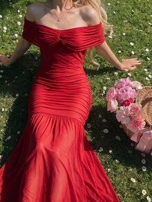 SHEIN MOD Women's Knitted Mermaid Bow Off-Shoulder Mesh Midi Dress For Birthday Party - Red - View 6