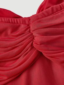 SHEIN MOD Women's Knitted Mermaid Bow Off-Shoulder Mesh Midi Dress For Birthday Party - Red - View 3