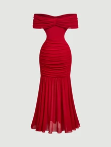 SHEIN MOD Women's Knitted Mermaid Bow Off-Shoulder Mesh Midi Dress For Birthday Party - Red - View 2