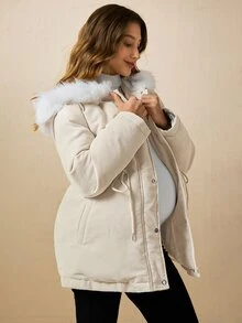 Boho Mama جاكيت شتوي للحوامل بأكمام طويلة وخصر برباط وسحاب أمامي وغطاء رأس - كاكي - مشاهدة 3