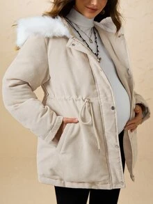 Boho Mama جاكيت شتوي للحوامل بأكمام طويلة وخصر برباط وسحاب أمامي وغطاء رأس - كاكي - مشاهدة 4
