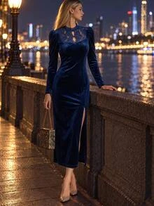 Amorya Women's Solid Color Contrast Lace Stand Collar Elegant Sexy Slim Fit Mid-Length Dress Dinner Party Navy Blue Autumn - Navy Blue - View 4