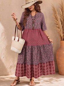EMERY ROSE Plus Size Women's Deep V-Neck Ruffle Sleeve Multi-Tiered Hem Long Yellow Dress For Summer - Burgundy - View 1