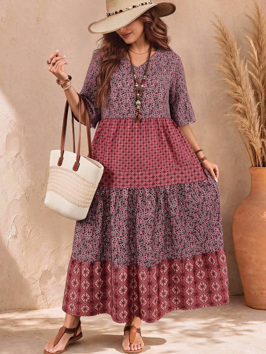 EMERY ROSE Plus Size Women's Deep V-Neck Ruffle Sleeve Multi-Tiered Hem Long Yellow Dress For Summer - Burgundy - View 1