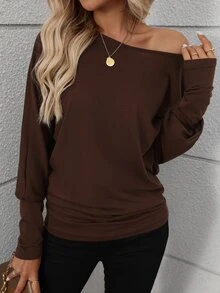 SHEIN LUNE 1 件女式纯色圆领长袖休闲衬衫，适合日常穿着 - 鏽棕色 - 查看 5
