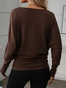SHEIN LUNE 1 件女式纯色圆领长袖休闲衬衫，适合日常穿着 - 鏽棕色 - 查看 2