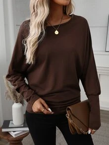 SHEIN LUNE 1 件女式纯色圆领长袖休闲衬衫，适合日常穿着 - 鏽棕色 - 查看 4