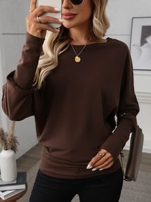 SHEIN LUNE 1 件女式纯色圆领长袖休闲衬衫，适合日常穿着 - 鏽棕色 - 查看 3