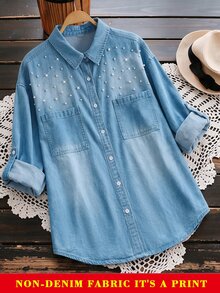 Linhara Fall Daily Casual Commute Office Formal Elegant Plus Size Women's Beaded Denim Effect Shirt With Pearl Detail Buttons Mid-Length Top Street Style Blue - Blue - View 2