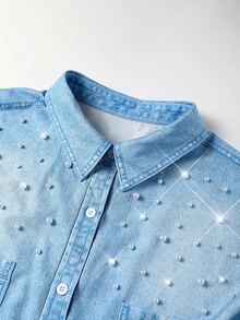 Linhara Fall Daily Casual Commute Office Formal Elegant Plus Size Women's Beaded Denim Effect Shirt With Pearl Detail Buttons Mid-Length Top Street Style Blue - Blue - View 1