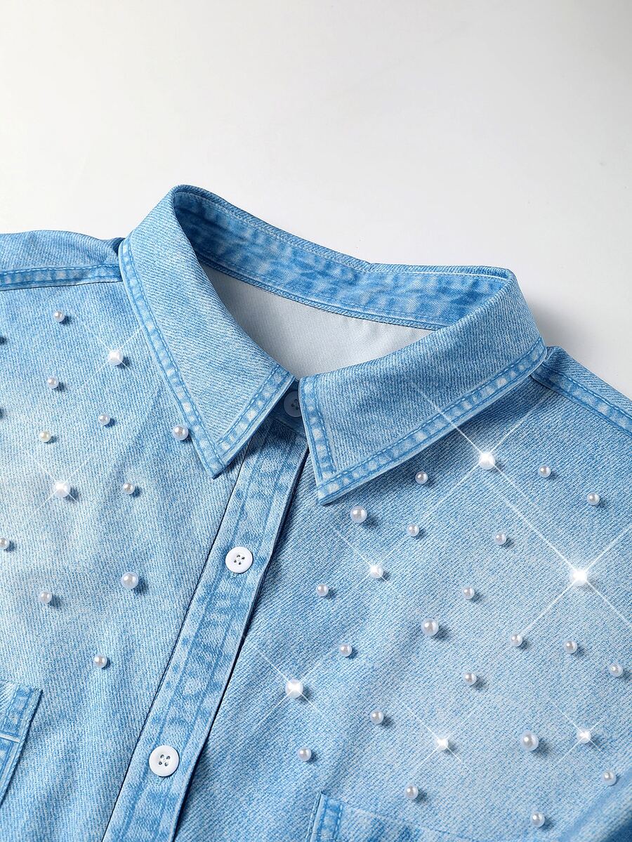 Linhara Fall Daily Casual Commute Office Formal Elegant Plus Size Women's Beaded Denim Effect Shirt With Pearl Detail Buttons Mid-Length Top Street Style Blue - Blue - View 1