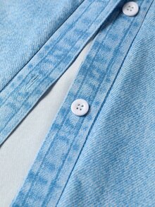 Linhara Fall Daily Casual Commute Office Formal Elegant Plus Size Women's Beaded Denim Effect Shirt With Pearl Detail Buttons Mid-Length Top Street Style Blue - Blue - View 5