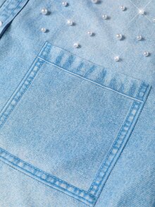Linhara Fall Daily Casual Commute Office Formal Elegant Plus Size Women's Beaded Denim Effect Shirt With Pearl Detail Buttons Mid-Length Top Street Style Blue - Blue - View 7