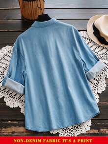 Linhara Fall Daily Casual Commute Office Formal Elegant Plus Size Women's Beaded Denim Effect Shirt With Pearl Detail Buttons Mid-Length Top Street Style Blue - Blue - View 9
