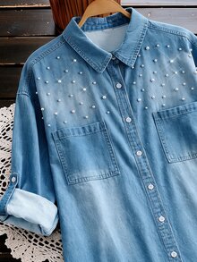 Linhara Fall Daily Casual Commute Office Formal Elegant Plus Size Women's Beaded Denim Effect Shirt With Pearl Detail Buttons Mid-Length Top Street Style Blue - Blue - View 10