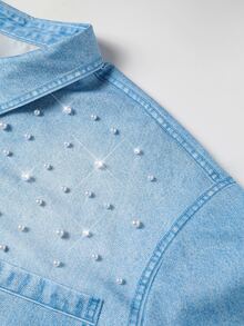 Linhara Fall Daily Casual Commute Office Formal Elegant Plus Size Women's Beaded Denim Effect Shirt With Pearl Detail Buttons Mid-Length Top Street Style Blue - Blue - View 8