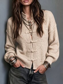 Trelyra New Arrival Women's OatColor CrewNeck Knit Cardigan With NewChineseStyle Frog Buttons For Autumn & Winter, LooseFit DropShoulder LongSleeve Swe - Khaki - View 6