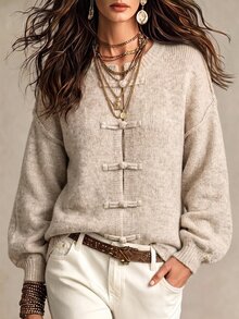 Trelyra New Arrival Women's OatColor CrewNeck Knit Cardigan With NewChineseStyle Frog Buttons For Autumn & Winter, LooseFit DropShoulder LongSleeve Swe - Khaki - View 5