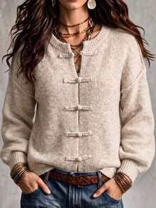 Trelyra New Arrival Women's OatColor CrewNeck Knit Cardigan With NewChineseStyle Frog Buttons For Autumn & Winter, LooseFit DropShoulder LongSleeve Swe - Khaki - View 2