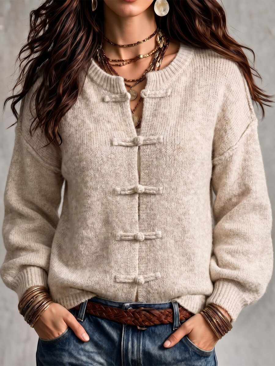 Trelyra New Arrival Women's OatColor CrewNeck Knit Cardigan With NewChineseStyle Frog Buttons For Autumn & Winter, LooseFit DropShoulder LongSleeve Swe - Khaki - View 1