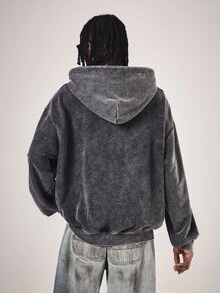 SUMWON Oversized Washed Hoodie With Large Baroque Graphic Front Print Centre Pocket And Drawstring Hood Fall Winter - Black - View 2