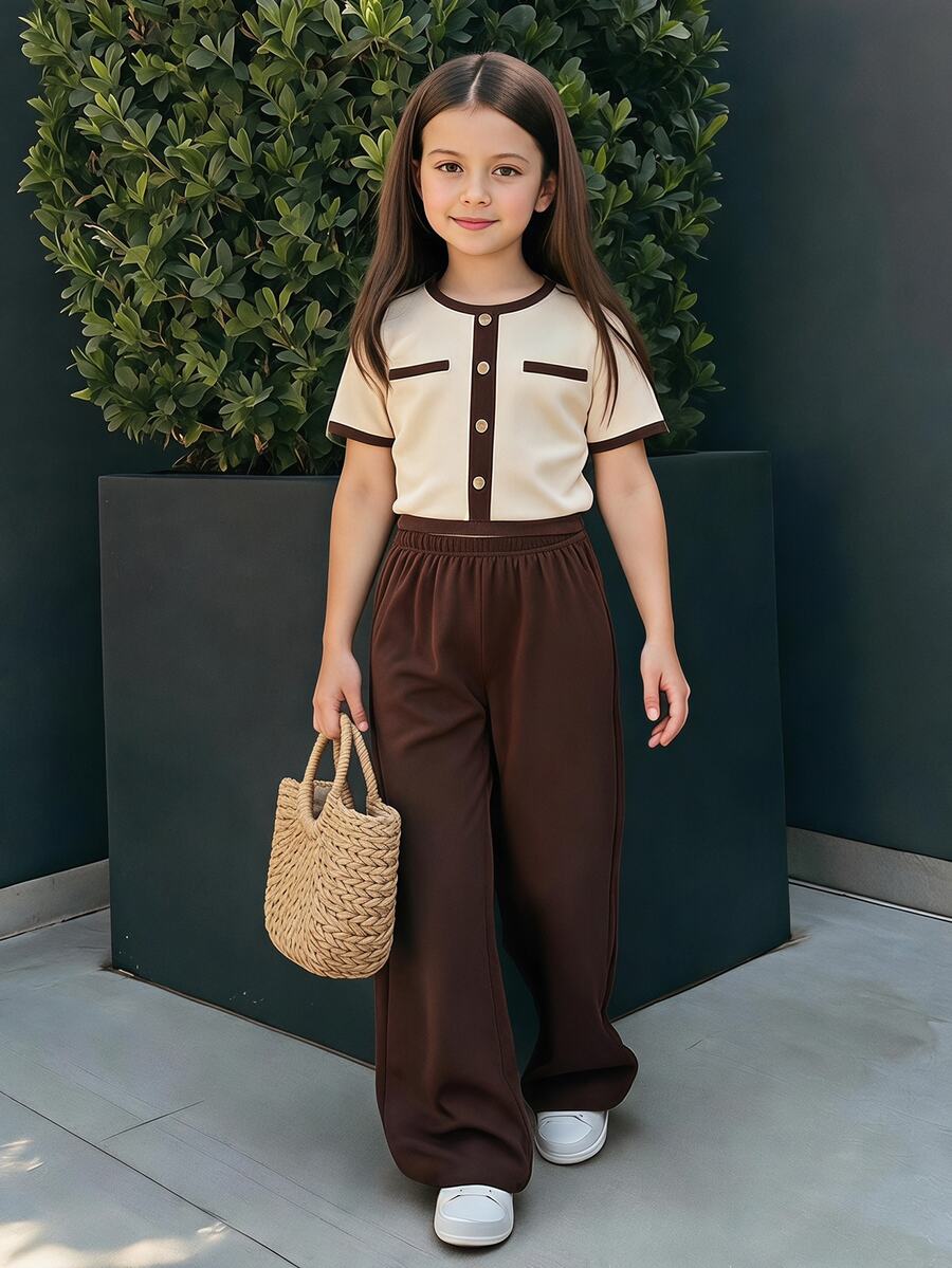 Firerie Kids Firerie Kids Tween Girl Round Neck Contrast Trim Short Sleeve T-Shirt And Elastic Waist Long Pants Casual Daily Set - Apricot - View 1