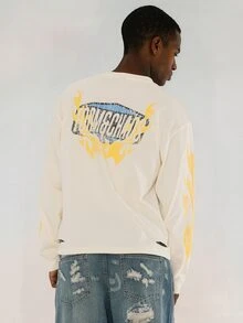 FORM&CHAOS Men's Fall Long Sleeve White Relaxed Boxy T-Shirt Vacation Beach Streetwear Graphic - Light Yellow - View 2