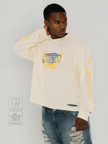 FORM&CHAOS Men's Fall Long Sleeve White Relaxed Boxy T-Shirt Vacation Beach Streetwear Graphic - Light Yellow - View 1