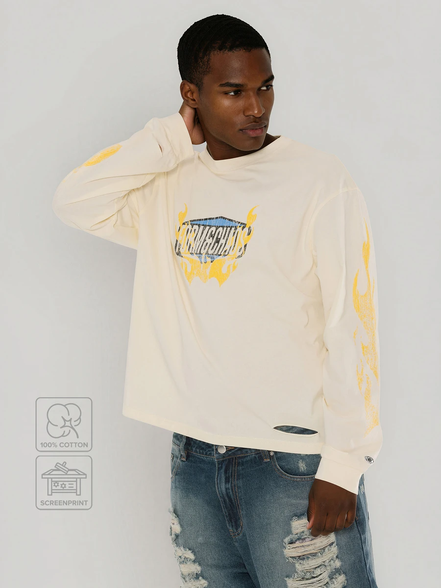 FORM&CHAOS Men's Fall Long Sleeve White Relaxed Boxy T-Shirt Vacation Beach Streetwear Graphic - Light Yellow - View 1