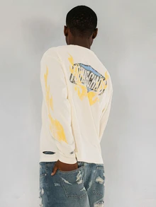 FORM&CHAOS Men's Fall Long Sleeve White Relaxed Boxy T-Shirt Vacation Beach Streetwear Graphic - Light Yellow - View 5