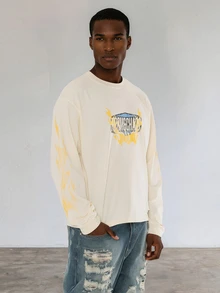 FORM&CHAOS Men's Fall Long Sleeve White Relaxed Boxy T-Shirt Vacation Beach Streetwear Graphic - Light Yellow - View 4