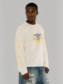 FORM&CHAOS Men's Fall Long Sleeve White Relaxed Boxy T-Shirt Vacation Beach Streetwear Graphic - Light Yellow - View 3