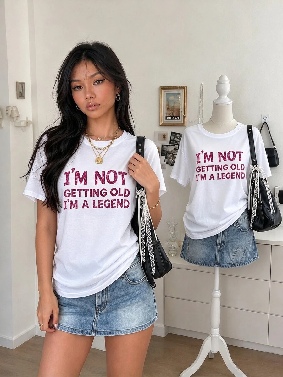 Lalippa Sequin Embellished English Letter Printed Round Neck Short Sleeve T-Shirt, Casual I'M NOT GETTING OLD I'M A Graphic Tees Women Tops - White - View 1