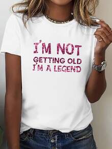 Lalippa Sequin Embellished English Letter Printed Round Neck Short Sleeve T-Shirt, Casual I'M NOT GETTING OLD I'M A Graphic Tees Women Tops - White - View 4