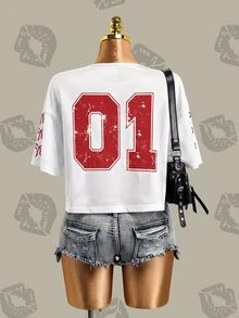 Betty Boop x SHEIN Women's Lace Patchwork Cartoon Print T-Shirt - Red and White - View 2