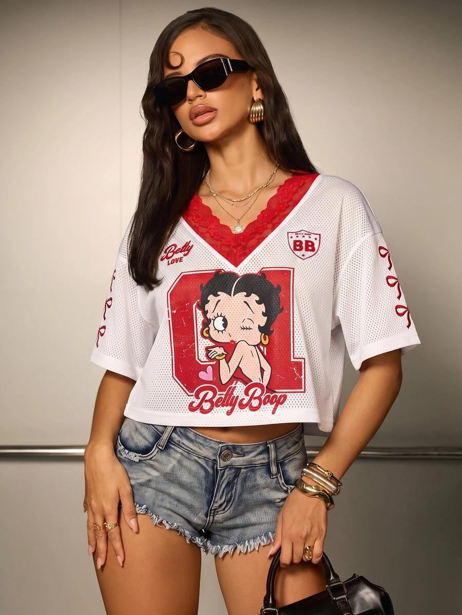 Betty Boop x SHEIN Women's Lace Patchwork Cartoon Print T-Shirt - Red and White - View 1