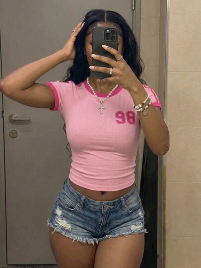 Fiercella Fiercella Women's Fitted Short Sleeve Contrast Trim Numeric Print T-Shirt, Pink Top For Summer Graphic Tees Women Tops