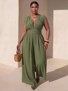 Zivah Olive Green, Summer, Tropical, Women's Plus Size V-Neck Sleeveless Jumpsuit, Boho Elegant Wide Leg, Casual Beach Going Out Vacation, Wedding Guest - Green - View 1