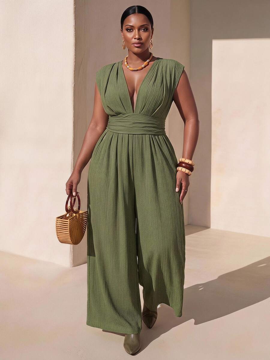Zivah Olive Green, Summer, Tropical, Women's Plus Size V-Neck Sleeveless Jumpsuit, Boho Elegant Wide Leg, Casual Beach Going Out Vacation, Wedding Guest - Green - View 1