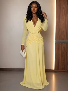 Lumalex Pale Yellow Draped Mesh Maxi Dress Deep V-Neckline Low V-Back Draping Easter Vacation Holiday Cruises Beach Dinner Date Weekend Fall Elegant - Pale Yellow - View 6