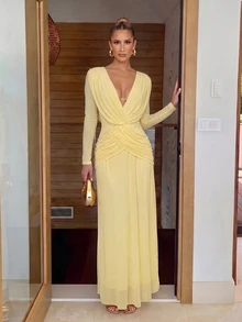 Lumalex Pale Yellow Draped Mesh Maxi Dress Deep V-Neckline Low V-Back Draping Easter Vacation Holiday Cruises Beach Dinner Date Weekend Fall Elegant - Pale Yellow - View 15