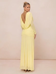 Lumalex Pale Yellow Draped Mesh Maxi Dress Deep V-Neckline Low V-Back Draping Easter Vacation Holiday Cruises Beach Dinner Date Weekend Fall Elegant - Pale Yellow - View 7