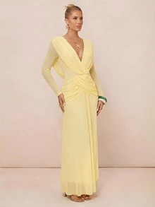 Lumalex Pale Yellow Draped Mesh Maxi Dress Deep V-Neckline Low V-Back Draping Easter Vacation Holiday Cruises Beach Dinner Date Weekend Fall Elegant - Pale Yellow - View 14