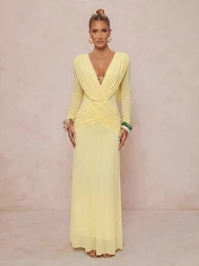 Lumalex Pale Yellow Draped Mesh Maxi Dress Deep V-Neckline Low V-Back Draping Easter Vacation Holiday Cruises Beach Dinner Date Weekend Fall Elegant - Pale Yellow - View 10