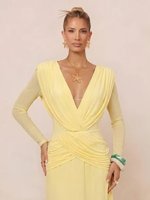 Lumalex Pale Yellow Draped Mesh Maxi Dress Deep V-Neckline Low V-Back Draping Easter Vacation Holiday Cruises Beach Dinner Date Weekend Fall Elegant - Pale Yellow - View 13